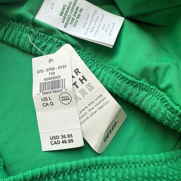 Aerie sz L top M bottom Green Ribbed Drawstring Bikini Set Adjustable Tie Swim - Picture 4 of 9